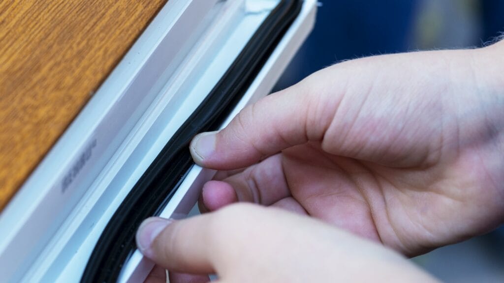 Close-up of hands carefully installing weather stripping to a window frame as a simple yet effective method of window insulation to conserve energy.