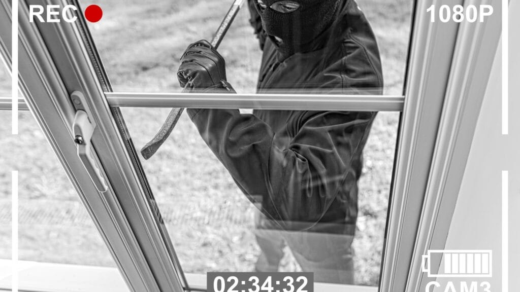 Security camera footage of a burglar in a balaclava prying open a window, emphasizing the need for effective window security measures in homes.